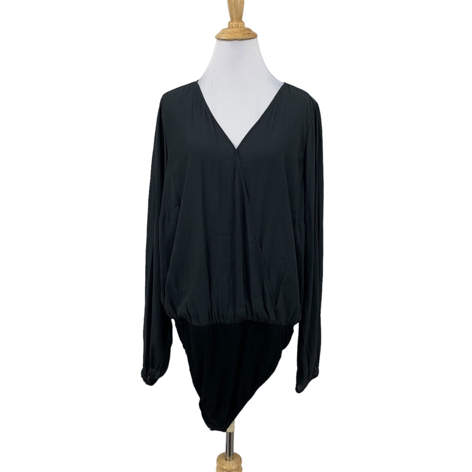 Torrid Surplice Bodysuit Womens 1 Stretch Long Sleeve Chiffon Back Tie Black